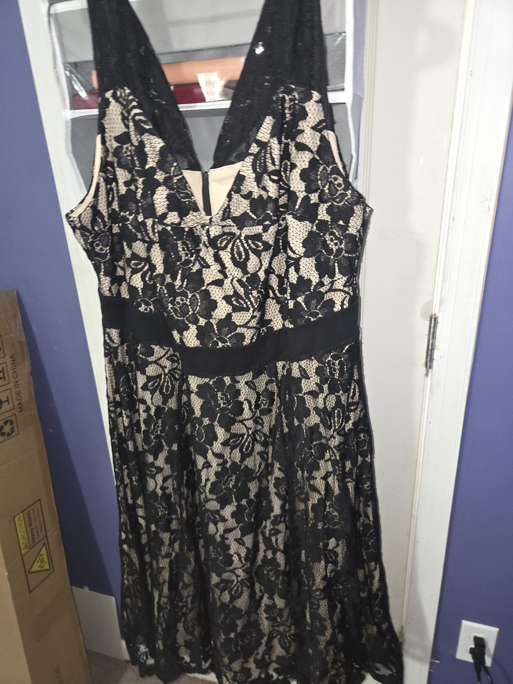 Black Lace Midi Dress with Nude Underlay